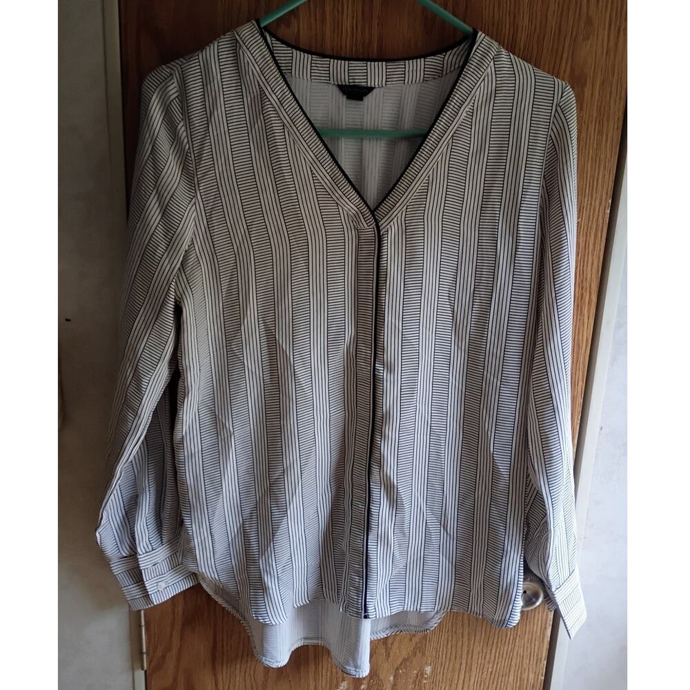Ann Taylor Striped Tunic Blouse XS V Neck Lightweight Long Sleeve Workwear